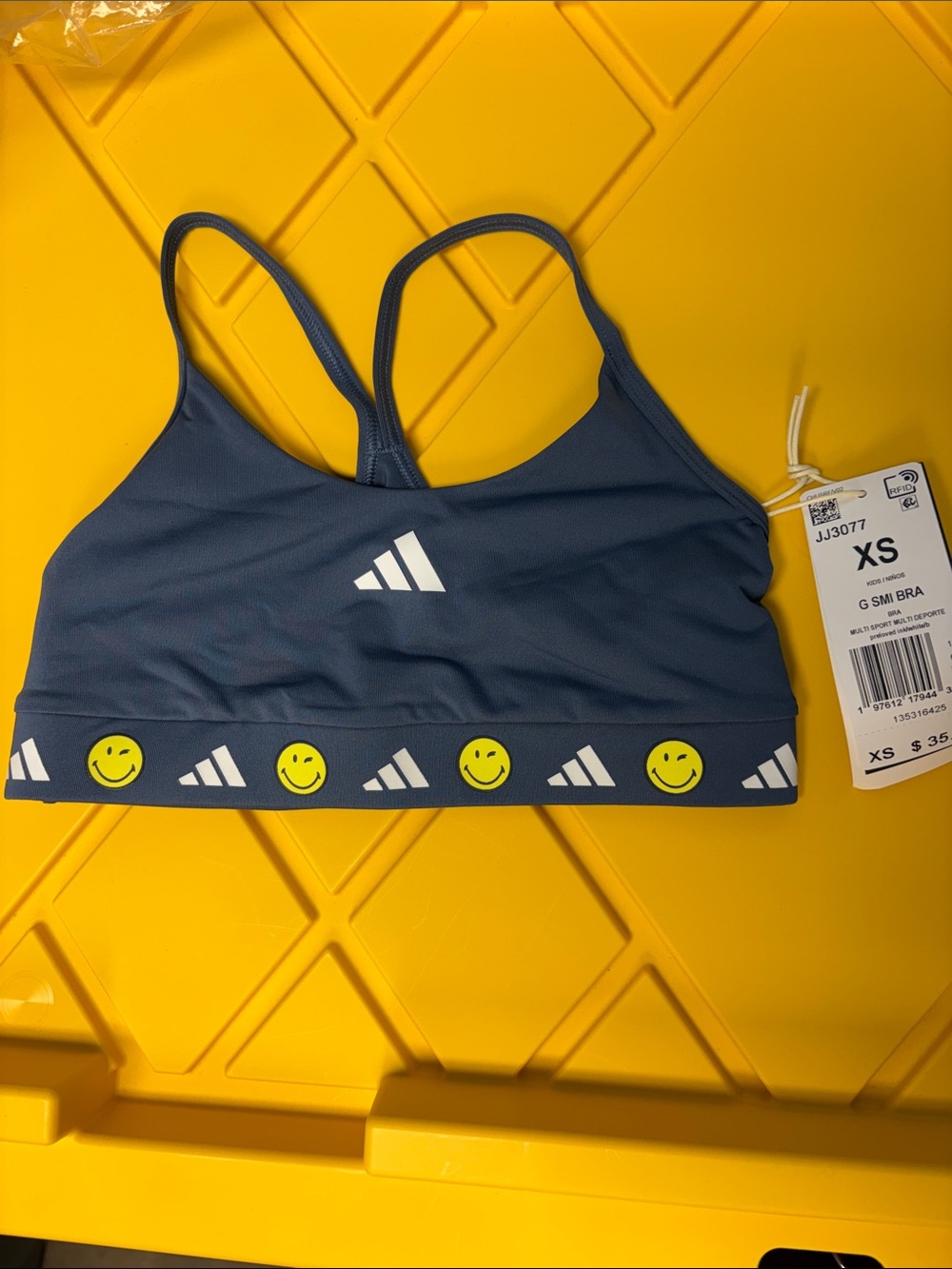 adidas Kids Girls size XS Navy Blue Smiley World Sports Bra top $35 new